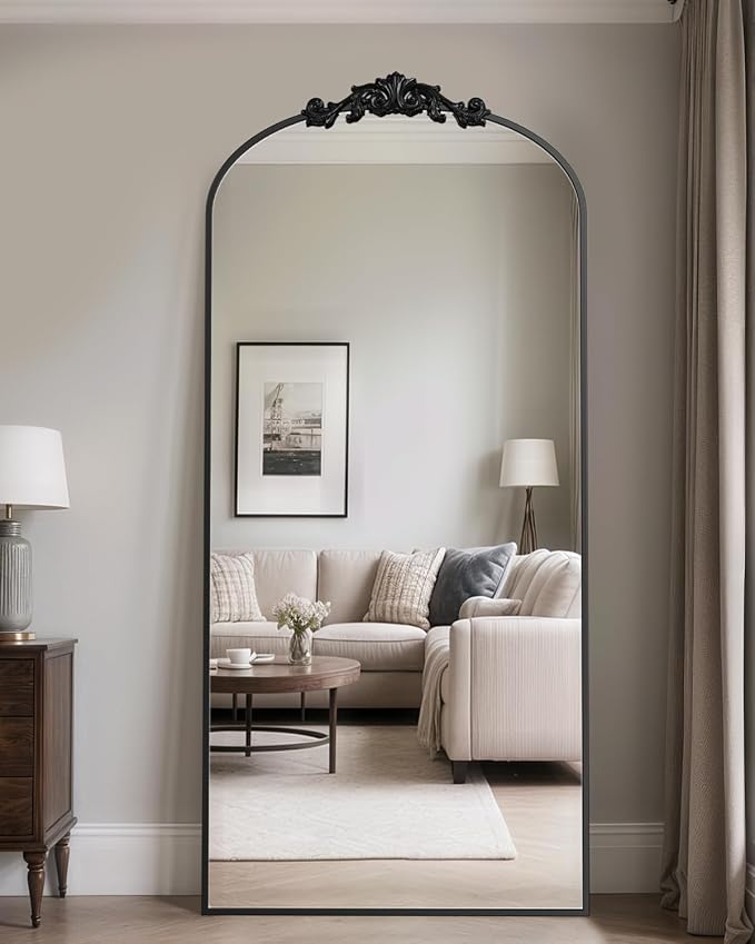 Antok Arched Full Length Mirror, 71"x32" Floor Mirror with Carved, Full Body Mirrors for HomeDecor, Standing/Halling Large Wall Mirror for Bedroom, Living Room, Cloakroom, Black, Retro Style