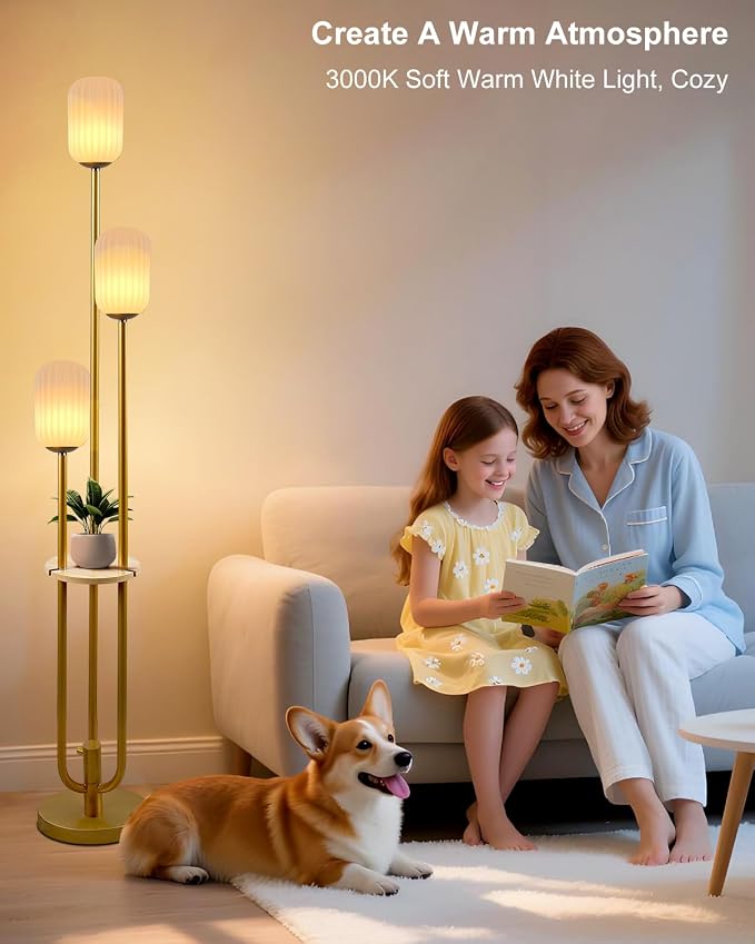 Floor Lamp for Living Room, Dimmable Vintage Floor Lamp with Shelf & LED Bulbs, 3 Light 3000K Soft Warmwhite Mid Century Standing Lamp, Tall Lamps with 5Lbs Heavy Base for Bedroom Office