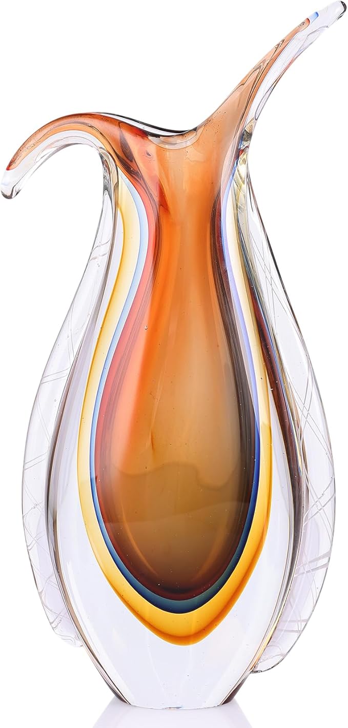 Amber Hand Blown Glass Vase – Oval Decorative Art Glass for Centerpieces, Murano Inspired Decor for Dining Room, Entryway Table, or Shelf, Handmade Glass Vase for Home Display (Red Yellow)