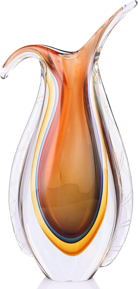 Amber Hand Blown Glass Vase – Oval Decorative Art Glass for Centerpieces, Murano Inspired Decor for Dining Room, Entryway Table, or Shelf, Handmade Glass Vase for Home Display (Red Yellow)