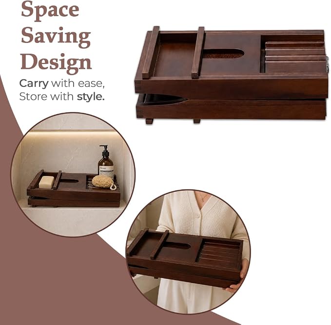 Expandable Teak Wood Bathtub Tray Caddy with Wine Glass Holder – Adjustable Luxury Wooden Bath Tub Tray Table for Spa, Book, Tablet & Bathroom Accessories