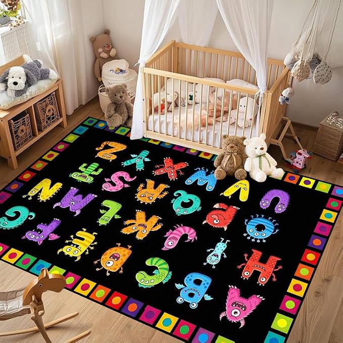 Alphabet Monster Area Rug for Kids 4'x6' Colorful ABC Learning Carpet Non Slip Educational Play Mat for Nursery Bedroom Playroom Classroom Living Room Home Decor
