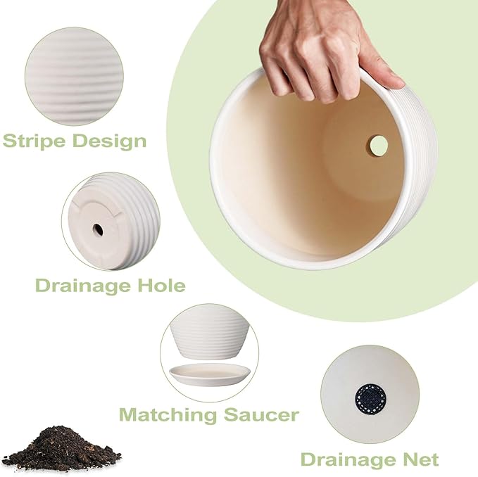 12 Inch Ceramic Planter Pot, Large Planter with Drainage Hole and Saucer Round Flower Pot for Indoor Outdoor Plants, White