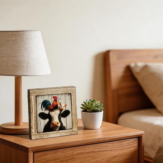 Whimsical Farm Animals Wooden Block Sign - Rooster, Pig, Cow Design, Rustic Farmhouse Decor, Cute Animal Art for Living Room, Kitchen, Bedroom, Gift for Animal Lovers