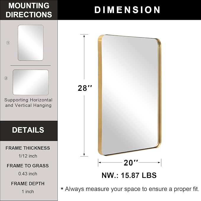 ANDY STAR Gold Bathroom Mirror for Wall, 20x28” Brushed Brass Metal Rounded Corner Rectangle Mirror, Wall Mirror in Stainless Steel Metal Frame, 1" Deep Set Design Hangs Horizontal Or Vertical