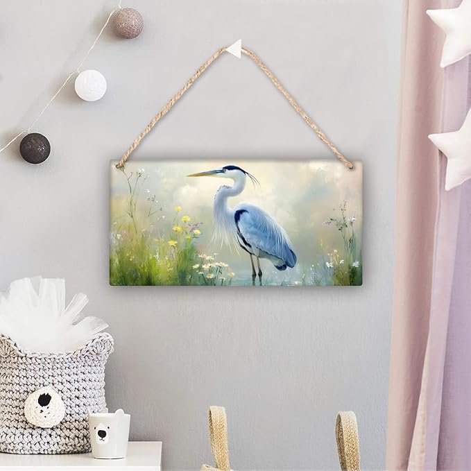 Retro Market Heron Wooden Sign - Vintage Bird & Floral Poster - 12x6 Inch Wood for Hallway - Nostalgic Decors for Retro Home Enthusiasts in North America