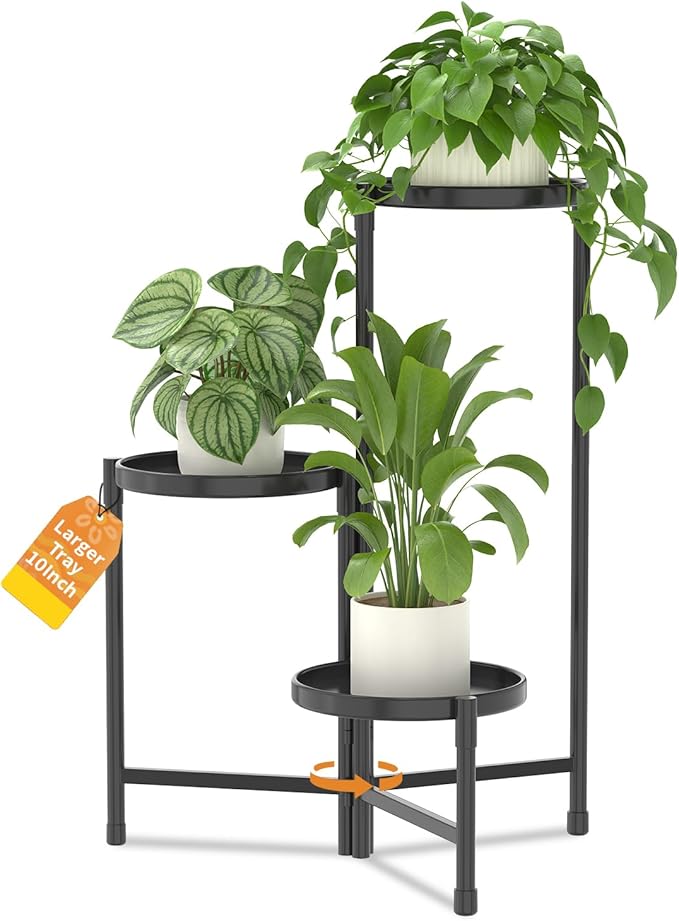 LASZOLA 3 Tier Large Plant Stand Indoor Tall with 10 Inch Metal Tray, Corner Folding Flower Display Rack, Modern Plant Holder Shelf for Outdoor Patio Porch Garden Office Living Room, Black