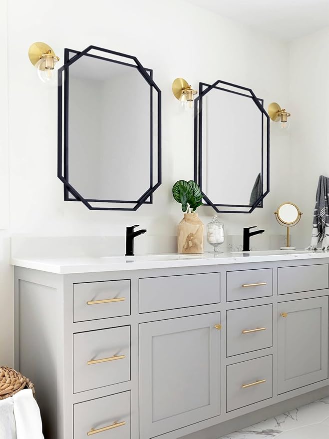 Black Bathroom Mirror, 36" x 24" Mirror Wall Decor with Modern Art Octagonal Metal Frame, for Living Room, Bedroom, Dining Room, Entryway