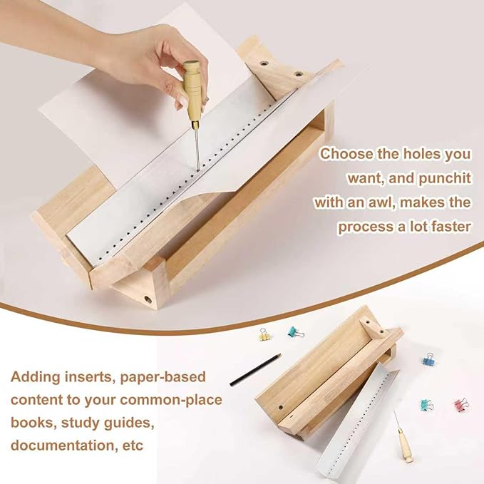 Bookbinding Punching Cradle with Aluminum Piercing Guide, with a Wooden-Handled Awl, Signature Punching Tool Set for Bookbinding Kit, for Book DIY Crafts, Polished Smooth Surface, Easy to Use Guide