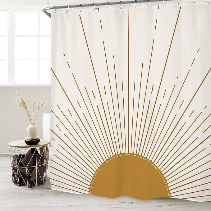 Miyotaa Abstract Sun Shower Curtain Set 71Wx71H Inches Modern Minimalist Mid Century Aesthetic Mustard Yellow Sunburst Sunrise Simple Polyester Waterproof Cloth Bathroom Curtain with 12 Hooks