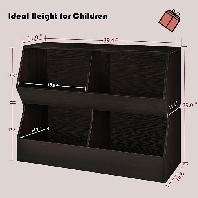 DINZI LVJ Kids Bookshelf, Toy Storage Organizer, Wooden Toy Storage Cabinet, 4 Cubby Children Bookcase, 39.4" L Toddler Book Shelf for Bedroom, Nursery, Hallway, School, Espresso
