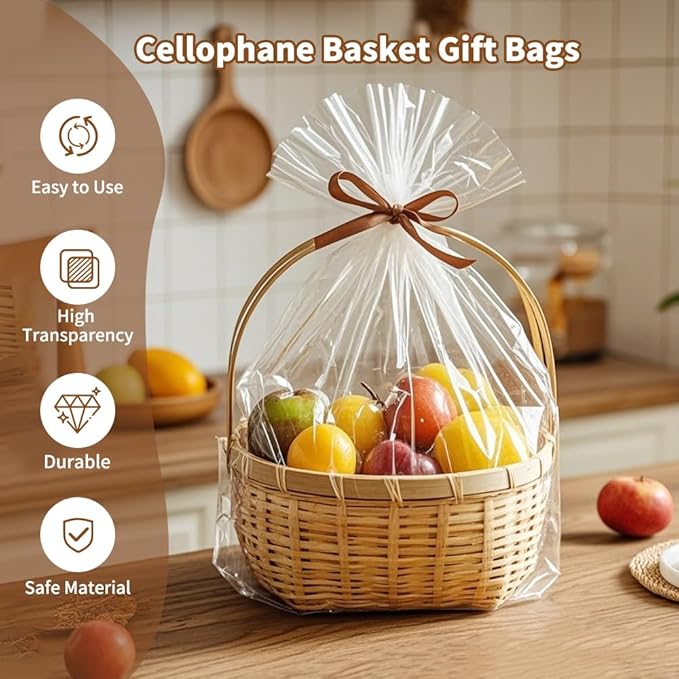 STPIYFZU 15PCS Large Cellophane Bags 30x40 Inch Christmas Clear Cellophane Wrap for Gift Baskets, 2.5 Mil Thick Clear Plastic Gift Bags for Christmas Birthday Baby Shower Wedding Raffles Party Favors