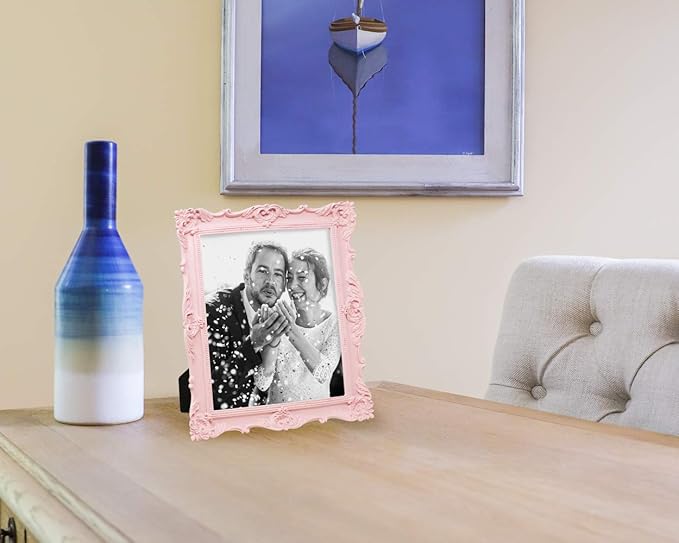 Laura Ashley 8x10 Pink Ornate Textured Hand-Crafted Resin Picture Frame with Easel & Hook for Tabletop & Wall Display, Decorative Floral Design Home Décor, Photo Gallery, Art, More (8x10, Pink)