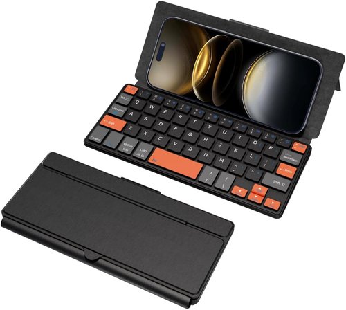 Doohoeek Universal Bluetooth Mini Keyboard - Wireless Compact Design with Orange Keys | Any-Angle Stand for Android/iOS/Windows