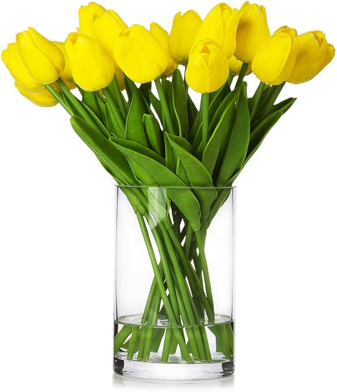 ENOVA HOME 20 Pieces Artificial Real Touch Tulips Flower Arrangement in Glass Vase with Faux Water for Home Decoration (Yellow)