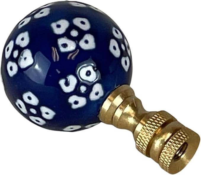 Royal Designs, Inc. Blue Porcelain Ball with White Ornament Design Finial for Lamp Shade, Polished Brass