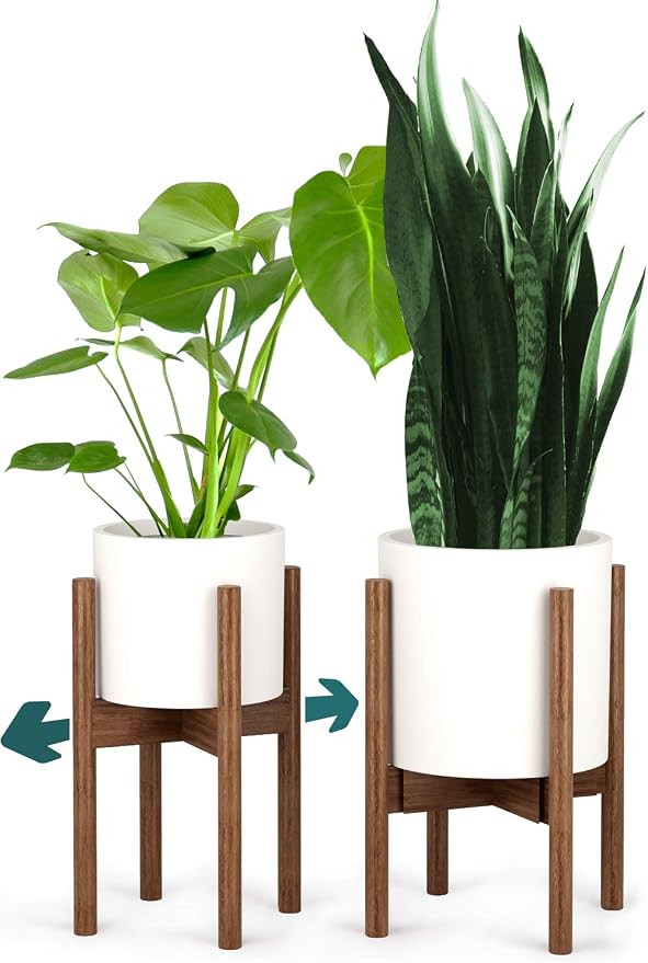 Fox & Fern Adjustable Plant Stand Indoor — 8 to 12 Inch Premium Mid Century Bamboo Plant Stand with Adjustable Width; Plug In Design; Easy to Assemble; Two Heights - For 8, 9, 10, 11 & 12 Inch Pots