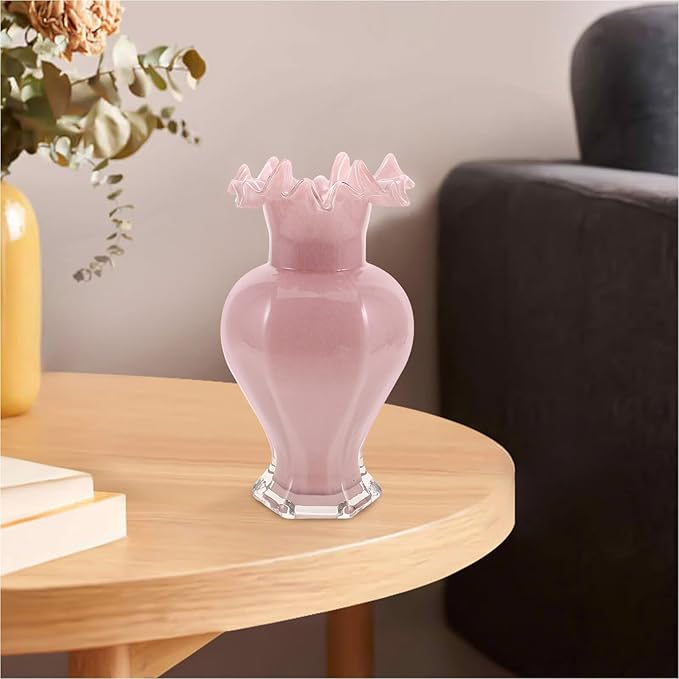 Handblown Glass Flower Vase Pink Pearl Wave Mouth Decorative Floral Arrangement Holder for Home Table Office Wedding Centerpiece Modern Artistic Accent