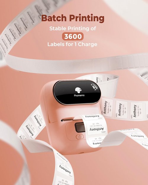 Phomemo Label Printer M110 - Portable Bluetooth Address Label Maker | No Ink, 100 Labels, Baby Pink