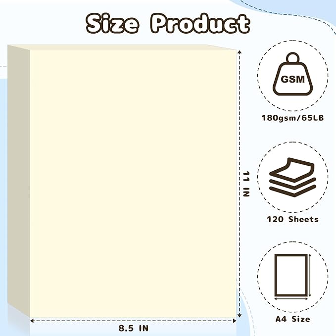 120 Sheets Cardstock 8.5x11, 65lb Cream Card Stock, Cream Construction Paper, 180gsm Thick Printer Paper for Printing, Painting, Card Making, Kids School Supplies,Party Decorations