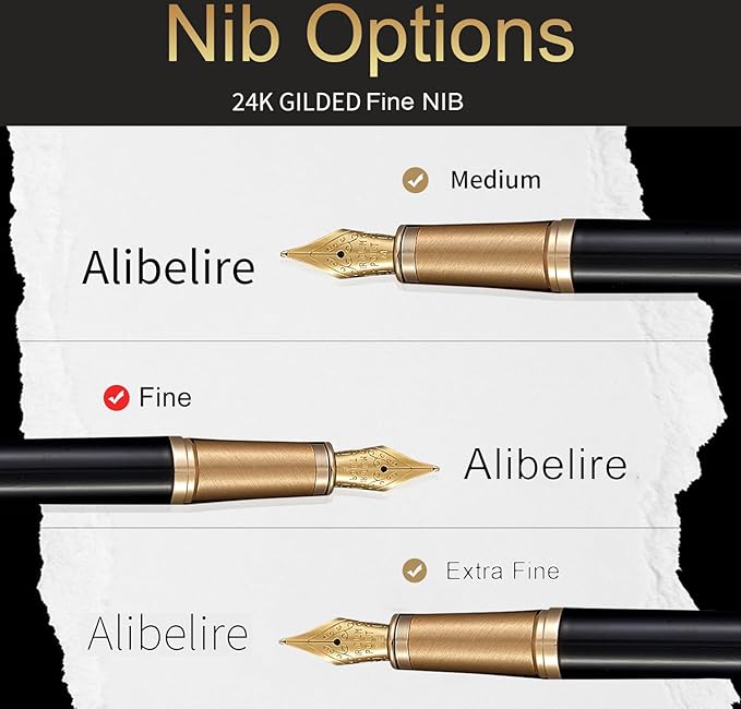 HDDNB Black Luxury Fountain Pen Set for Men and Women with Gift Box, 24K Gold Finish and Gilded Nib(Fine) with 5 Black Ink Cartridges and Converter
