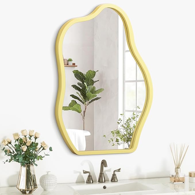 Yellow Irregular Wooden Framed Mirror Hanging Asymmetrical Mirror for Wall Modern Wall Mirror Unique Shape Decorative Vanity Bathroom Living Room Bedroom Entryway Hallway Artistic Large Mirrors