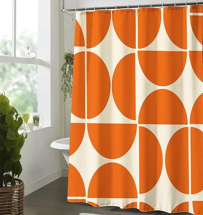 Orange Linen Shower Curtain Sets,Mid Century Bath Curtain,Modern Abstract Geometric Art Bath Curtain for Bathroom with 12 Hooks, 72 x 72 Inches
