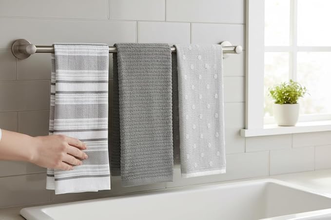 Grey White Kitchen Hand Dish Towels: Oversized 28" x 16",100% Cotton Cloth Soft Cleaning Drying Absorbent Gray Striped Solid Polka Dot Design, Set of 3 Multipurpose for Everyday Use (Grey Austin)