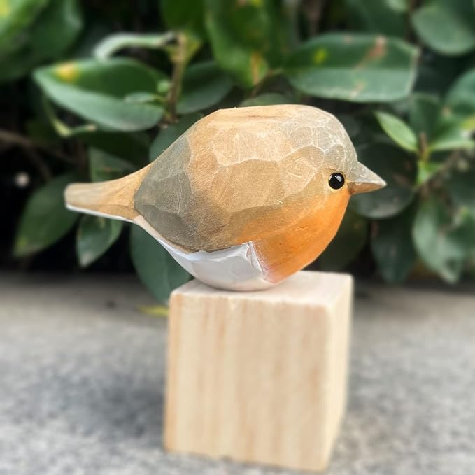 Hand Carved Painted Wooden Bird Figurines for Home Decor, Statue for Bird Lovers, Housewarming, Birthday, Christmas, Anniversaries (NO.1-Fat Robins)