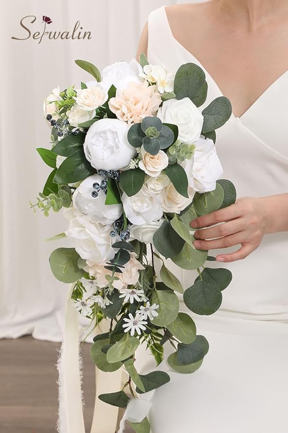 Serwalin 9.8 Inch Wedding Bouquets for Bride Bridesmaid, Forest White Peonies Bridal Bouquets for Bride, Wedding Flowers Bouquet Tossing Bouquet, Wedding Ceremony and Anniversary Day Decor