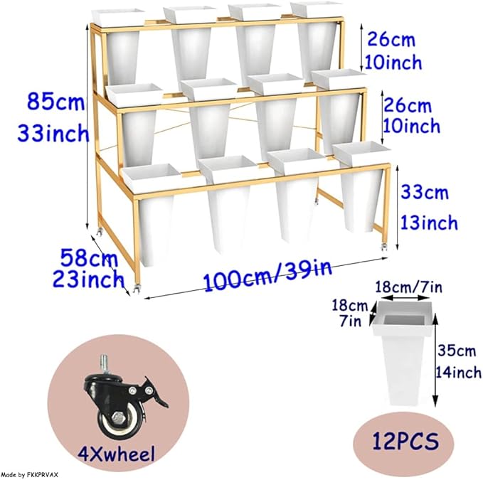Flower Display Stand with 12pcs Bucket,Heavy Duty Plant Stand with Wheels,33in Tall Flower Cart 3 Tier Flower Shelf for Florist Garden Patio (Gold)