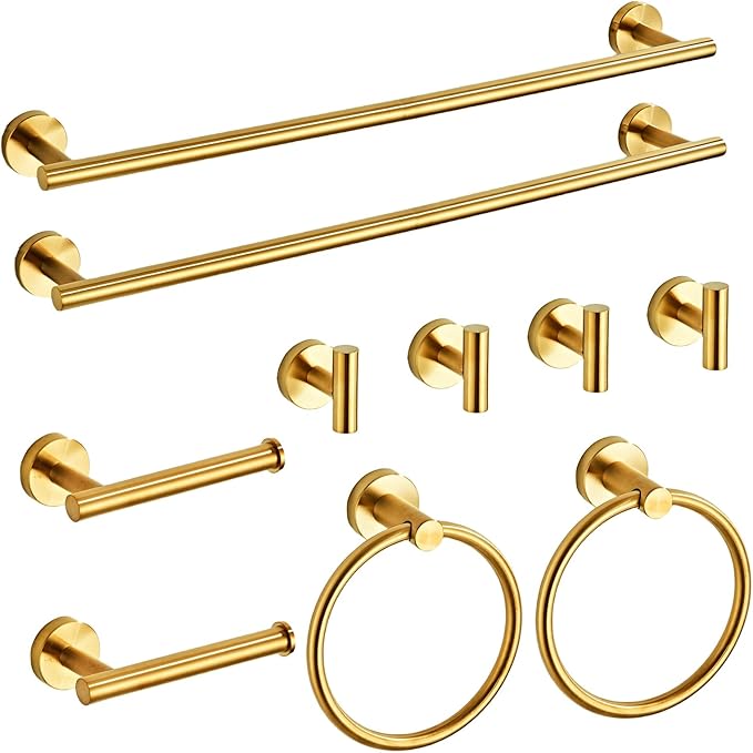 Brushed Gold Bathroom Hardware Set 10 Piece with Towel Racks for Bathroom, SUS304 Stainless Steel Bath Towel Bar Set, 24 Inch Wall Mounted Accessories Kit…
