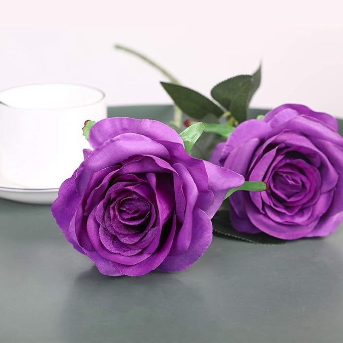 Kisflower 12Pcs Roses Artificial Flowers Purple Flowers Realistic Single Stem Flowers Silk Rose Bouquet for Wedding Party Office Home Decor (Purple)