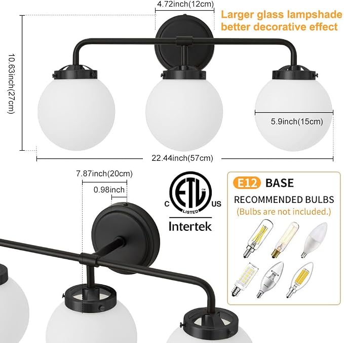 Black Bathroom Light Fixtures Over Mirror, 22.4'' 3-Light Modern Vanity Lighting with Milk White Glass Globe Shade Wall Sconce