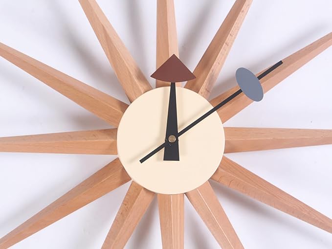 SHISEDECO Modern Art Sunburst Clock in Natural Color, Non Ticking Wooden Mid Century Retro Design Decorative Silent Wall Quartz Clocks for Home, Kitchen, Living Room, Office and Bedroom etc.