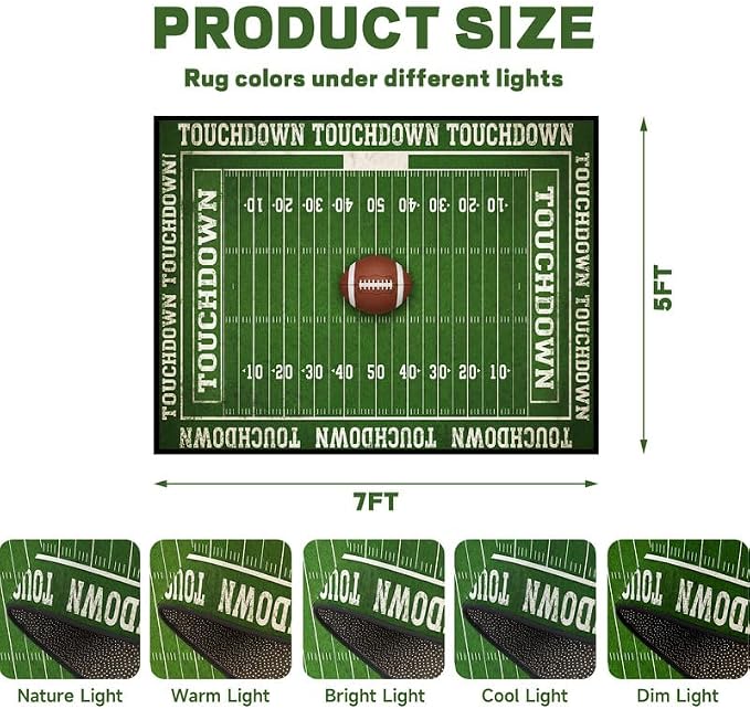 5'x7' Football Field Area Rug Sports Themed Carpet for Nursery Bedroom Playroom Classroom Living Room Home Decor Non Slip Washable Game Room Play Mat