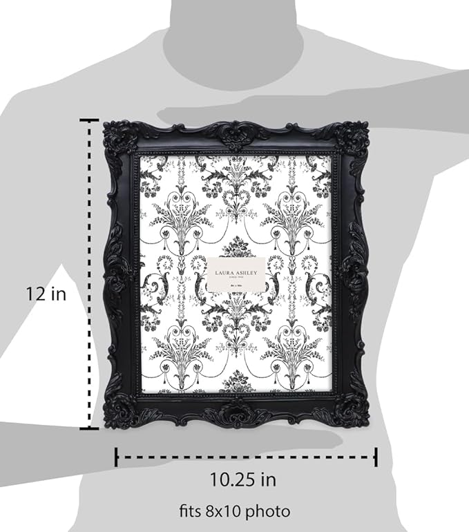 Laura Ashley 8x10 Black Ornate Textured Hand-Crafted Resin Picture Frame with Easel & Hook for Tabletop & Wall Display, Decorative Floral Design Home Decor, Photo Gallery, Art, More (8x10, Black)