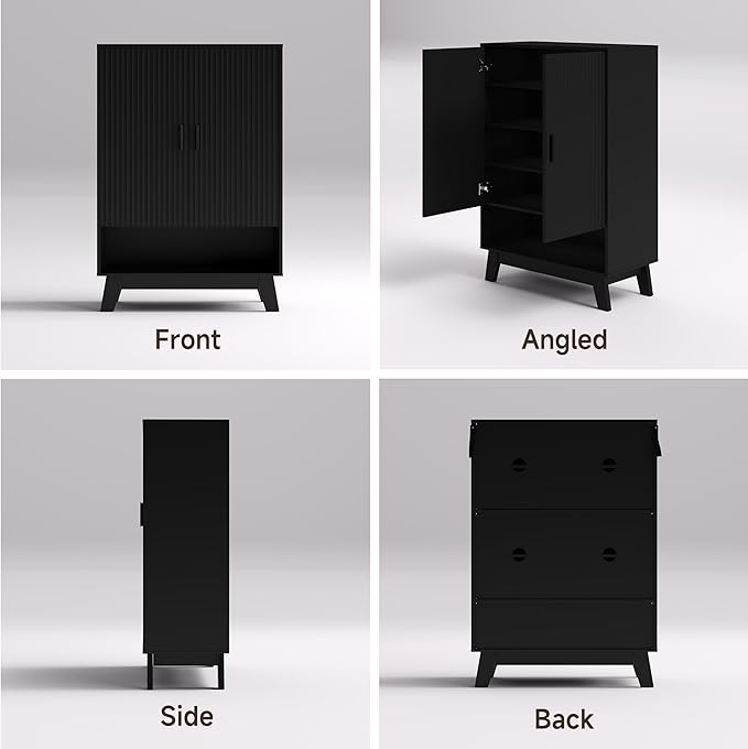 BOXACTION 4-Tier Fluted Shoe Cabinet with 2 Doors & Open Shelf, Mid Century Modern Shoe Storage Organizer with Adjustable Shelves, Metal Handles & Wood Legs, Hidden Shoe Rack for Entryway, Hallway