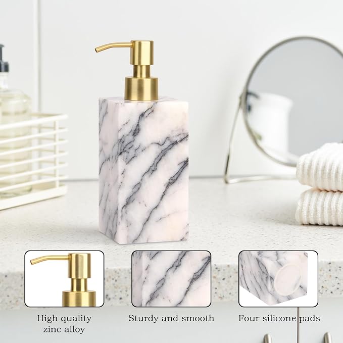 Natural Marble Soap Dispenser for Bathroom and Kitchen Countertop - 5.41 Ounces Hand Lotion and Liquid Stone Shampoo Laundry Bottle with Pump (1, Lilac, Rectangular Bottle)
