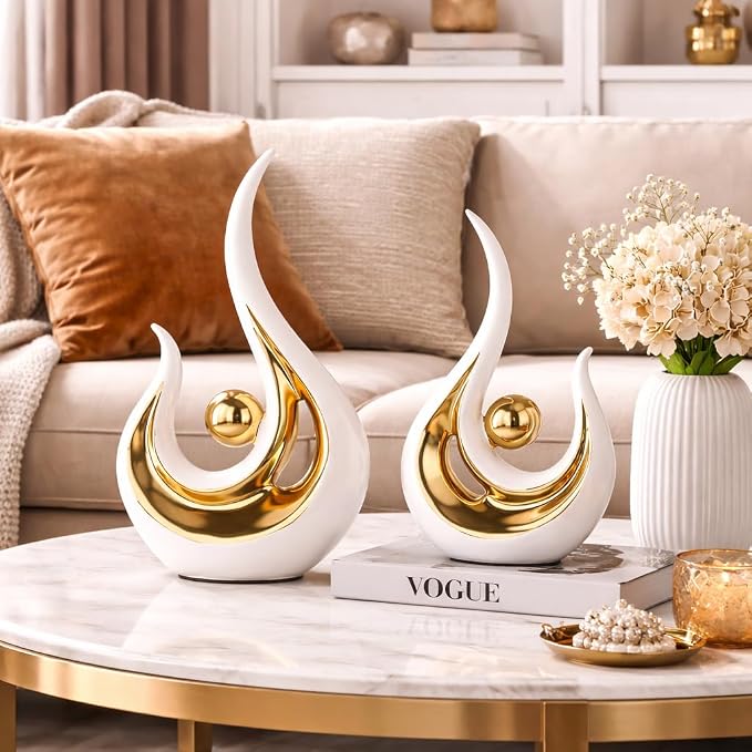 2Pcs Abstract Art Ceramic Statue, Modern White Gold Sculpture for Home Decor, Shelf Decorations Table Centerpiece for TV Stand, Console Table, Dining Room, Living Room, Office