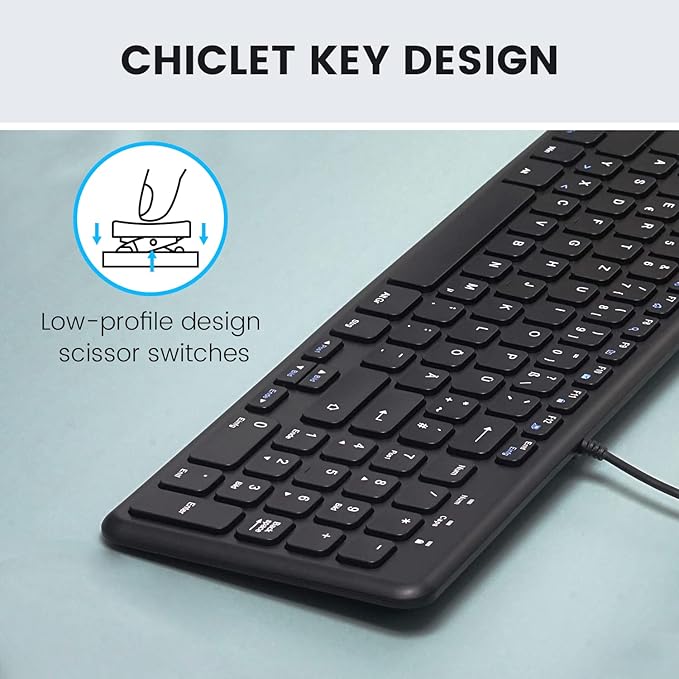 Perixx PERIBOARD-213C Wired Silent USB-C Scissor Keyboard - 14.45x4.76x0.71 Inches Compact Design with Number Pad - Black - US English