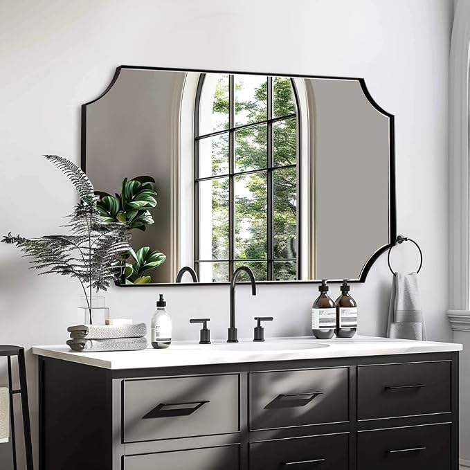 ANDY STAR Matte Black Mirror, 24x40 Inch Scalloped Mirror for Bathroom, Black Vanity Mirror, Unique Rectangle Bathroom Mirror with Aesthetic Scalloped Edge Design Ideal for Home Decor