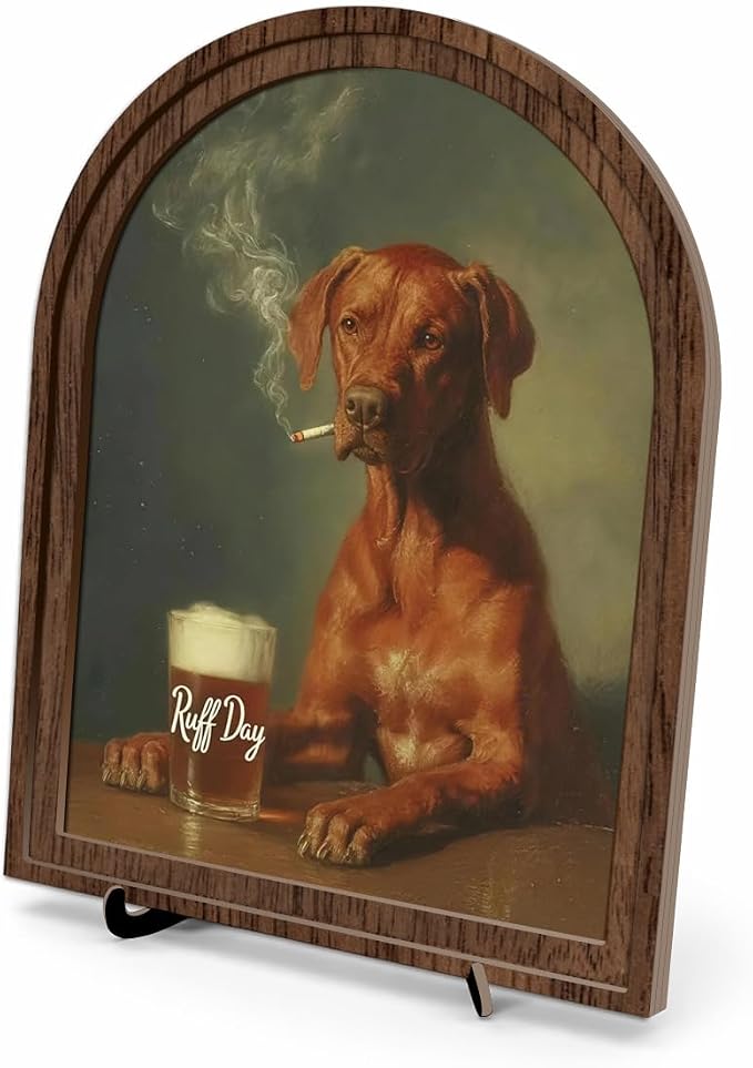 Farmhouse Wood Decor, Funny Dog Tabletop Decor Sign, Arched Wooden Frame with Stand, Vintage Animal Portrait Decoration, Rustic Home Bar Desk Art, Gift for Dog Lovers and Friends