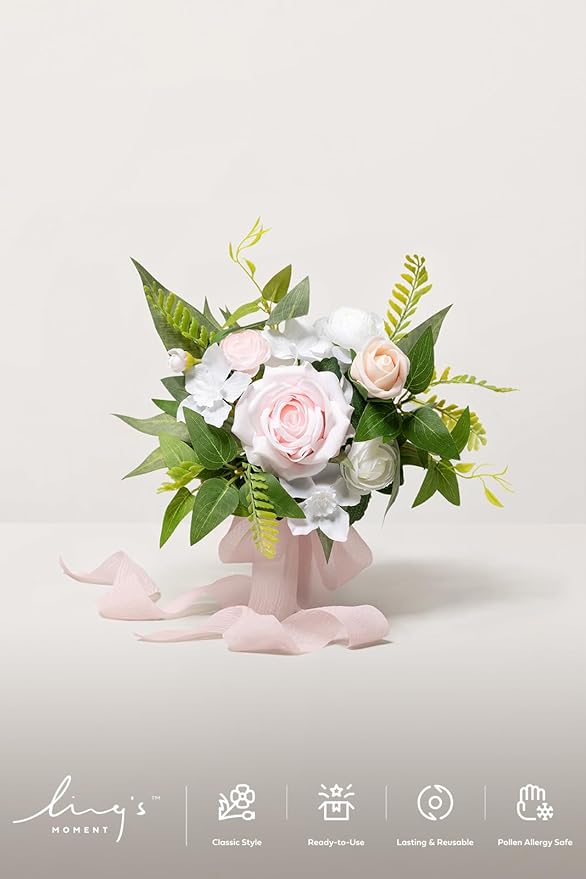 Ling's moment Blush Pink & Cream Bridesmaid Bouquet, Wedding Bouquets for Bridesmaids, 7 Inch Bridal Bouquets for Bridesmaids, Wedding, Ceremony, Anniversary, etc.