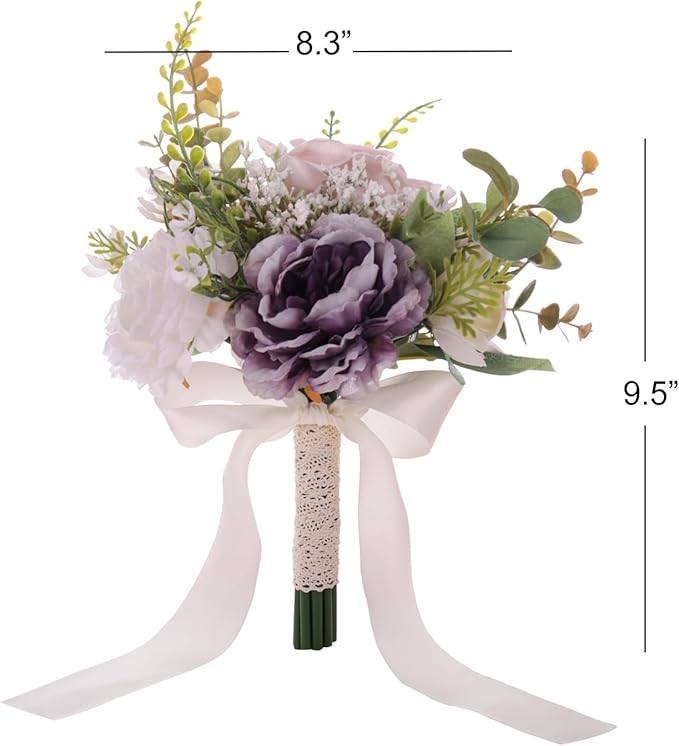Wedding Bouquets for Bride, Purple & Ivory & Pink Bridal Bridesmaid Wedding Flowers, Artificial Toss Rose for Civil Ceremony, Multicolor, Home Decor