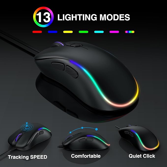 Wired Keyboard Mouse Combo - Large Print Backlit, Ergonomic Wrist Rest, 6 DPI RGB for PC/Windows - Ideal for Seniors, Students, Office and Home SABLUTE