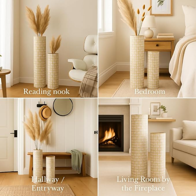 Leewadee Gold Tall Floor Vase, Set of 2 Decorative 24/19″ Large Gold Vases from Metal for Home Decor Living Room, Style with Pampas Grass for Modern, Vintage, Rustic or Farmhouse Room Decor