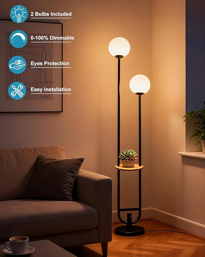 63IN 2-Globe Floor Lamp Dimmable Tall Standing Lamps with Table 3000K Warm White Unique Vintage Modern Mid Century Floor Lamp with 5Lbs Heavy Base for Living Room-Black