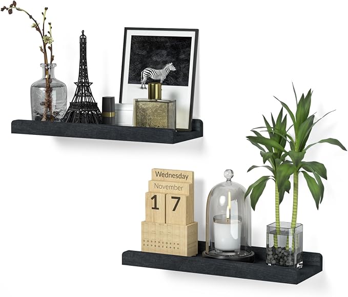Love-KANKEI Floating Shelves Wall Mounted Set of 2, 17 Inch Rustic Wood Wall Shelves for for Storage, Bedroom Living Room Bathroom Kitchen Office and More Black