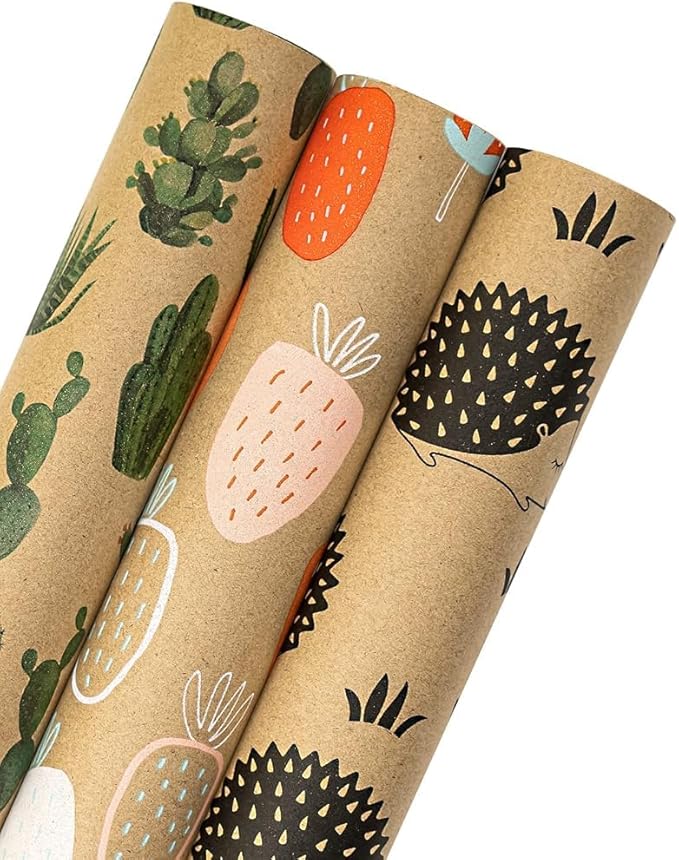 MAYPLUSS Kraft Wrapping Paper Roll - 3 Mini Roll - 17" X 120" Per roll - Fruit/Cactus/Hedgehogs Design (42.3 sq.ft.ttl)